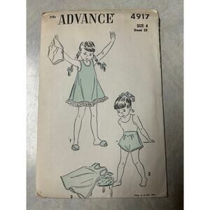 Vintage 40's-50's Advance Pattern #4917 Girls Sleeveless Dress and Bloomers Sz 4